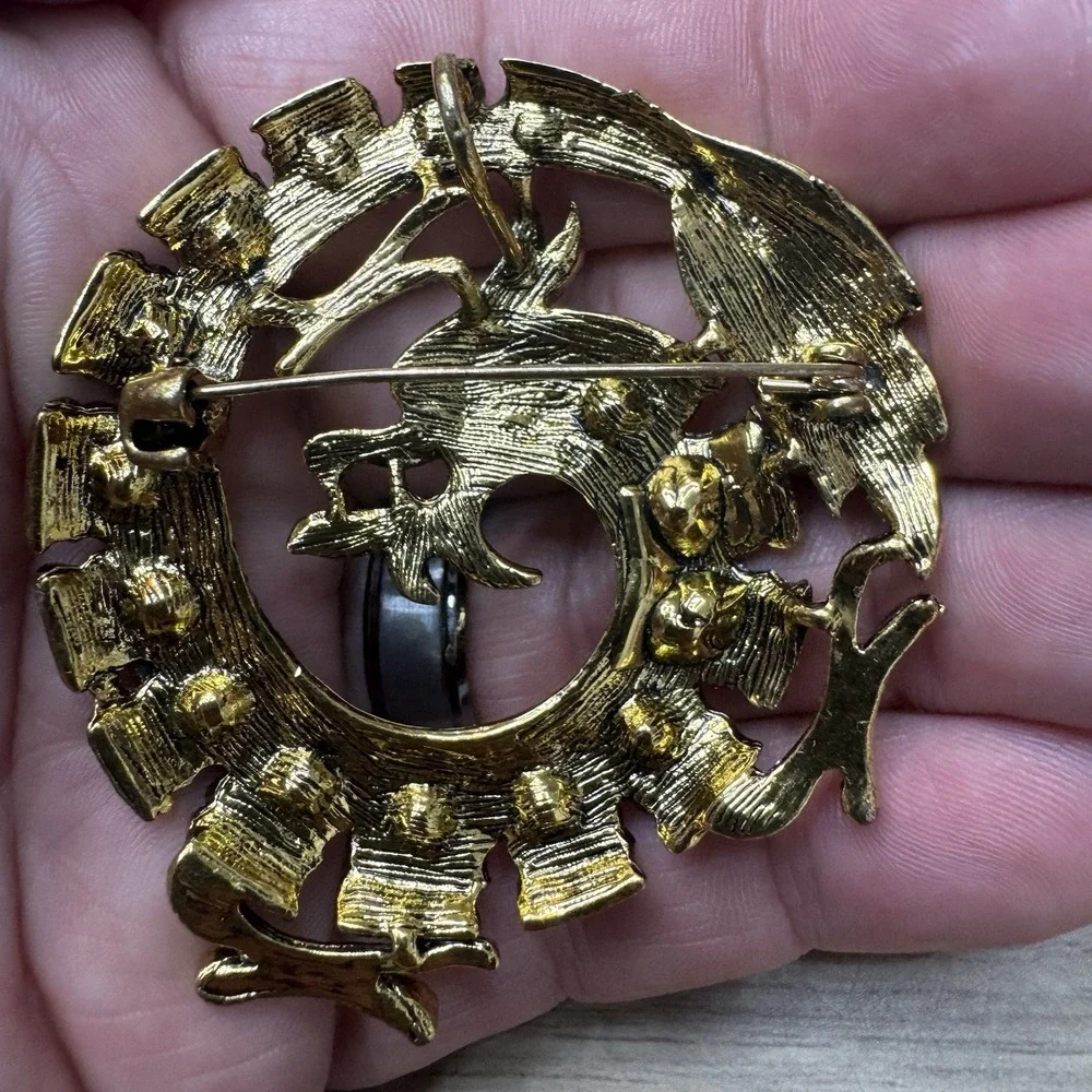 Anthropologie Red Dragon Brooch Gold Tone With Rhinestones Pendant